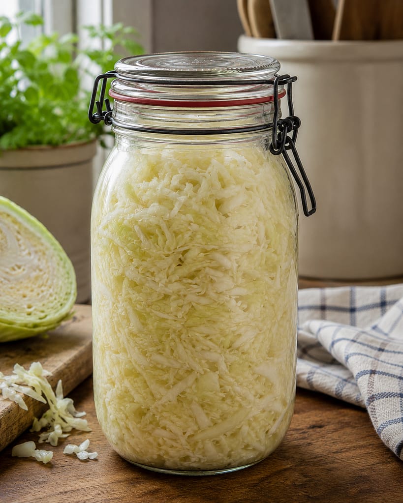 a jar of homemade sauerkraut in a swing top mason jar