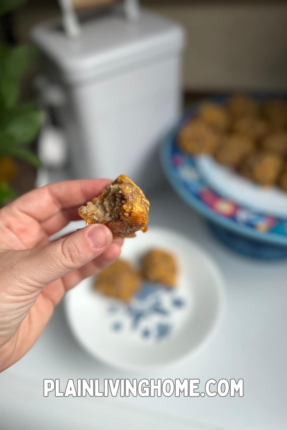 a hadn't holding a delicious sausage ball with one bite taken