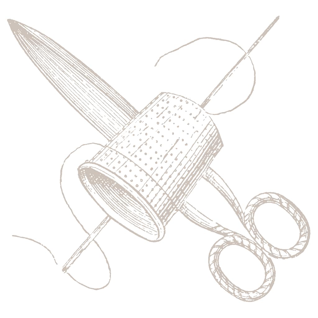 A vintage graphic of fabric shears and a a thimble