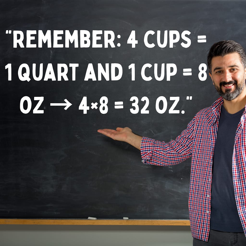 remember, 4 cups=2 pints 1 quart and I cup = 8 ounces. 4 times 8 equals 32