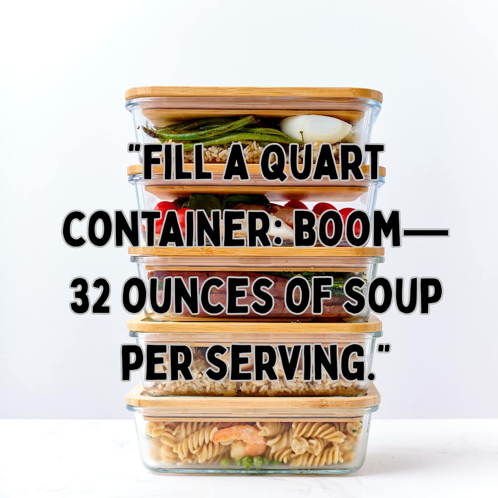 fill a quart container. boom. 32 ounces of soup per serving