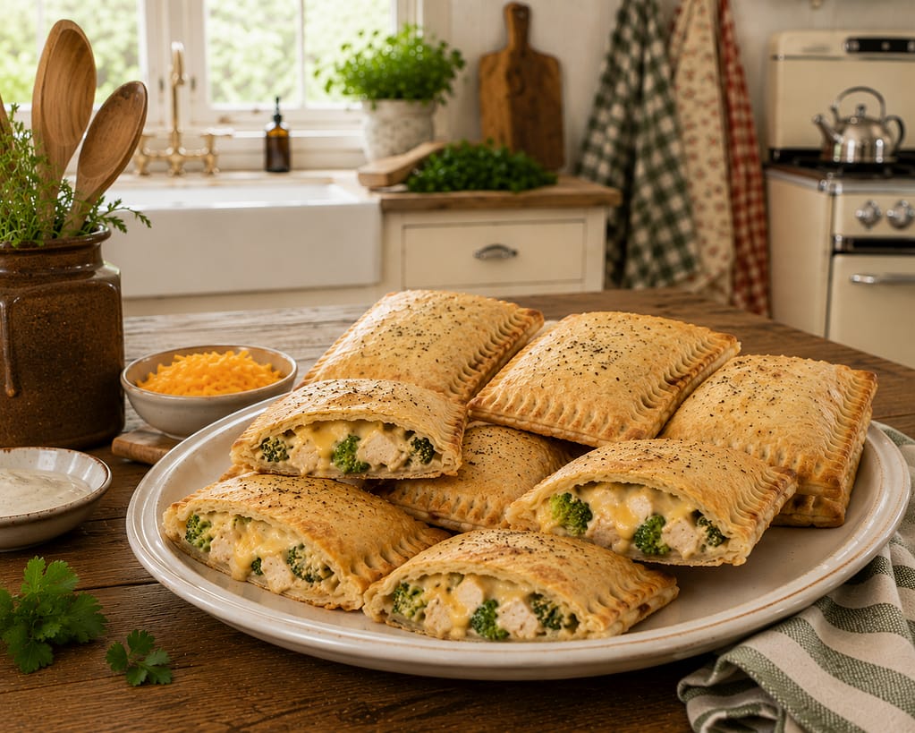 a plate full of homemade hot pockets in a beautiful farmhouse kitchen