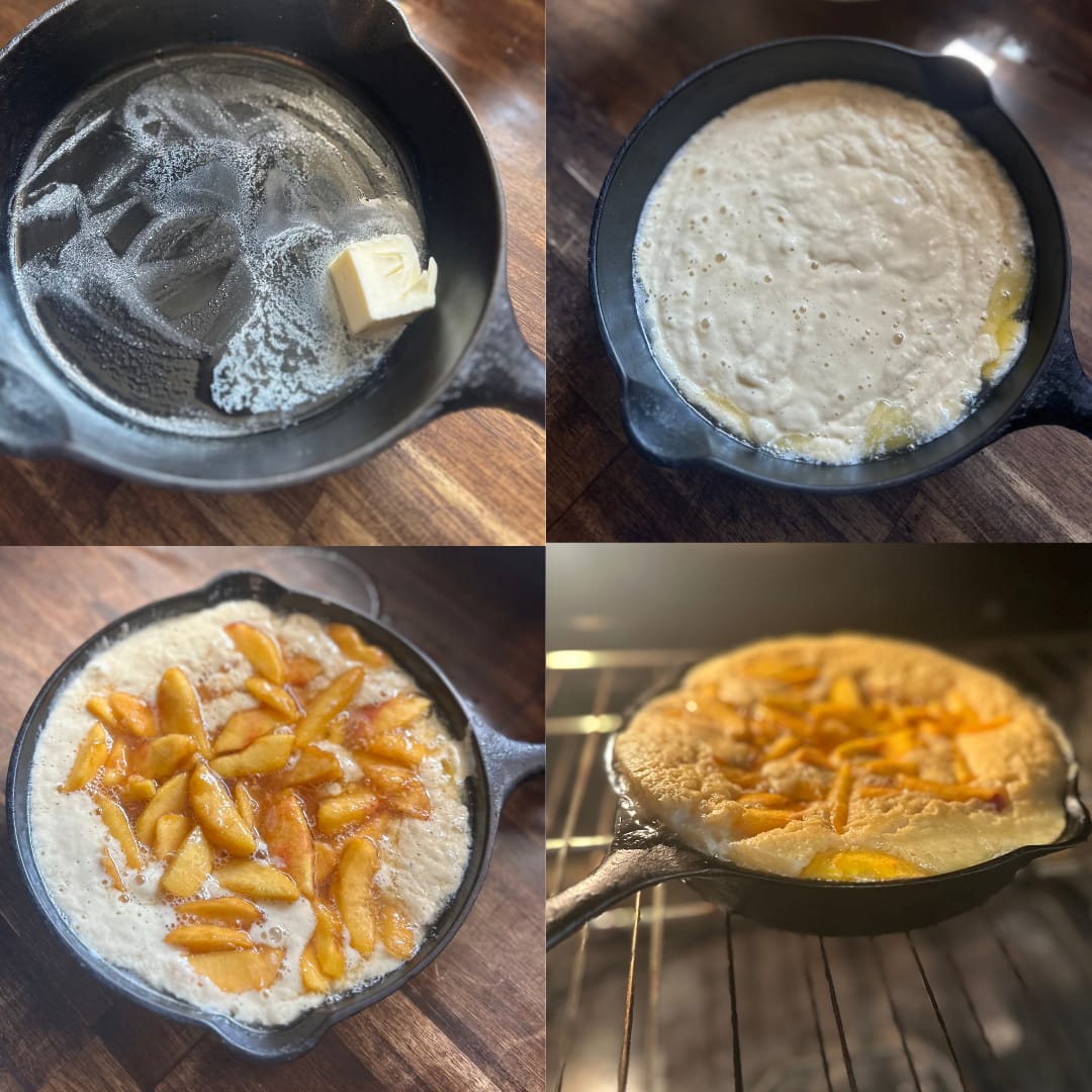step by step photos of how to make sourdough peach cobbler in a cast iron skillet
