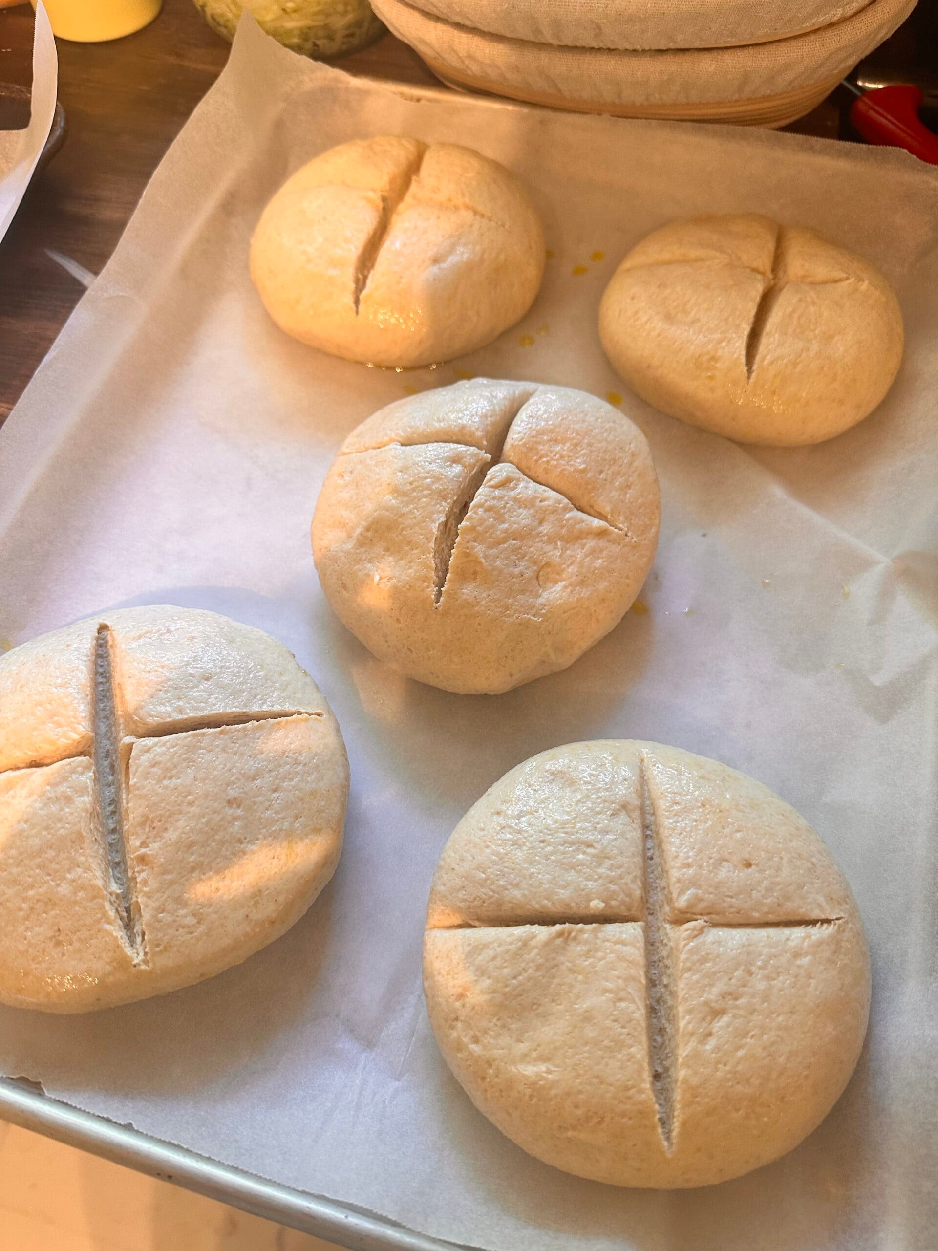 dough for bread bowls ready to bake after kneading and shaping