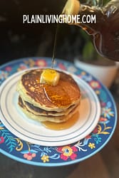 three pan cakes stacked on a serving tray