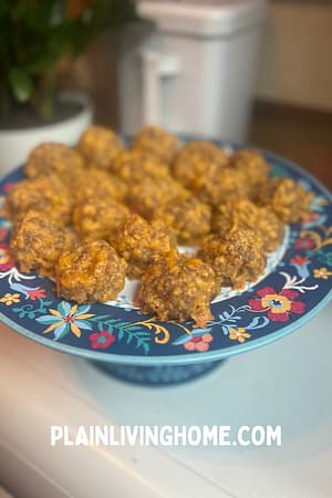 a beautiful platter of sausage balls to serve at a holiday party