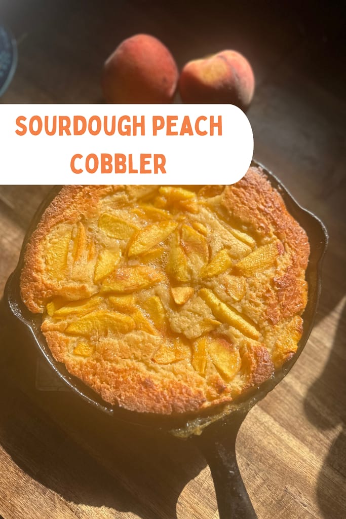 fluffy peach cobbler made with sourdough starter and fresh peaches