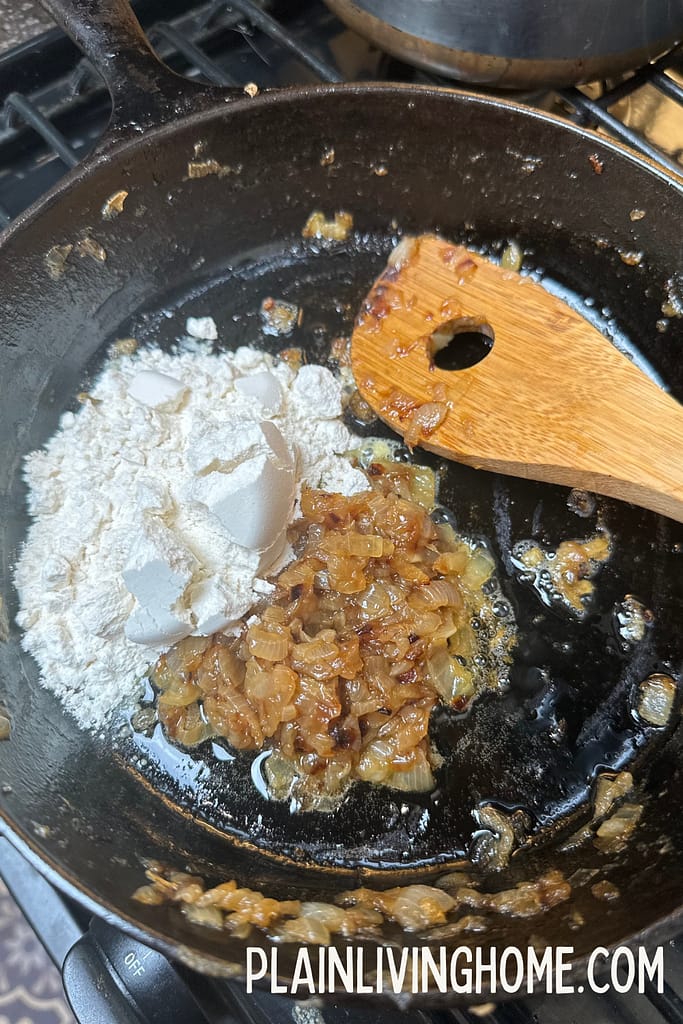 cooking onions and flour to make a roux for condensed soup