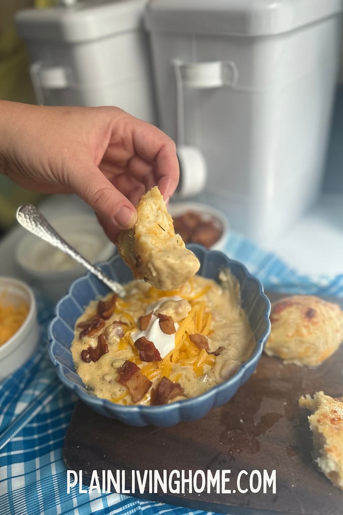 sourdough cheddar bay biscuit dipped in homemade potato soup