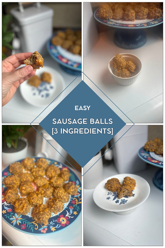 sausage balls on a tray, a hadn't holding a sausage balls with a bite taken out, sausage balls served on a small plate, and sausage balls in a bowl