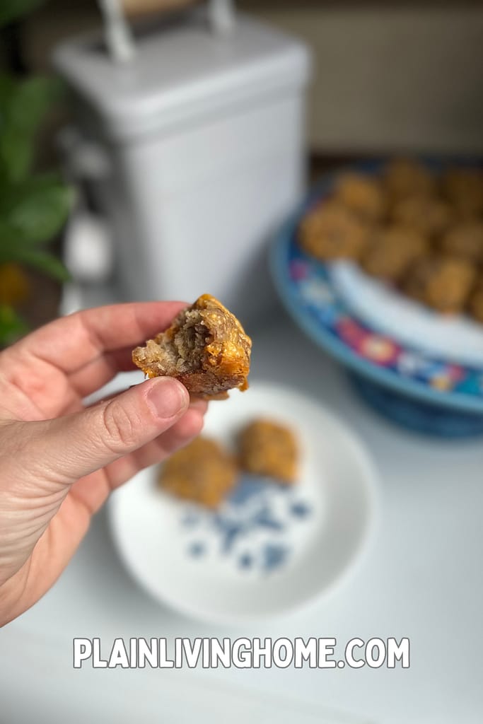 a hadn't holding a delicious sausage ball with one bite taken