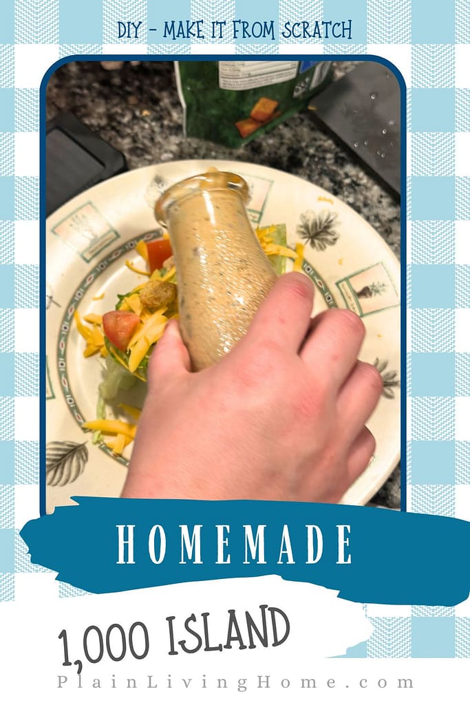a from-scratch chef pouring a homemade thousand island dressing over a fresh salad