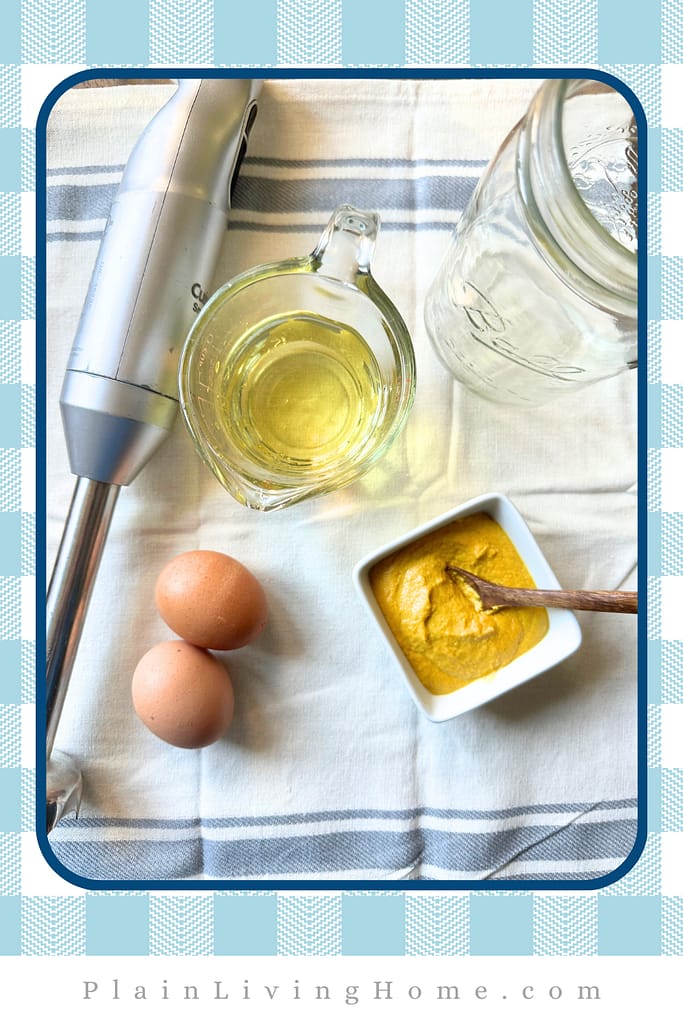 immersion blender, eggs, oil, mustard to make homemade mayo