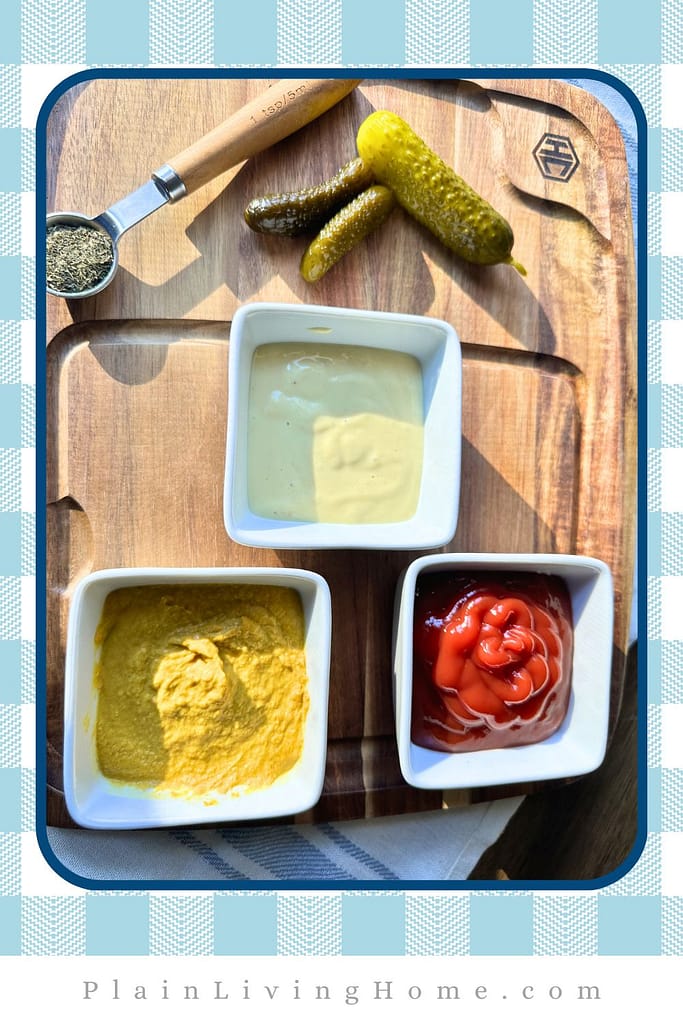 homemade mayo, homemade mustard, ketchup, and pickles tomato thousand island dressing from scratch