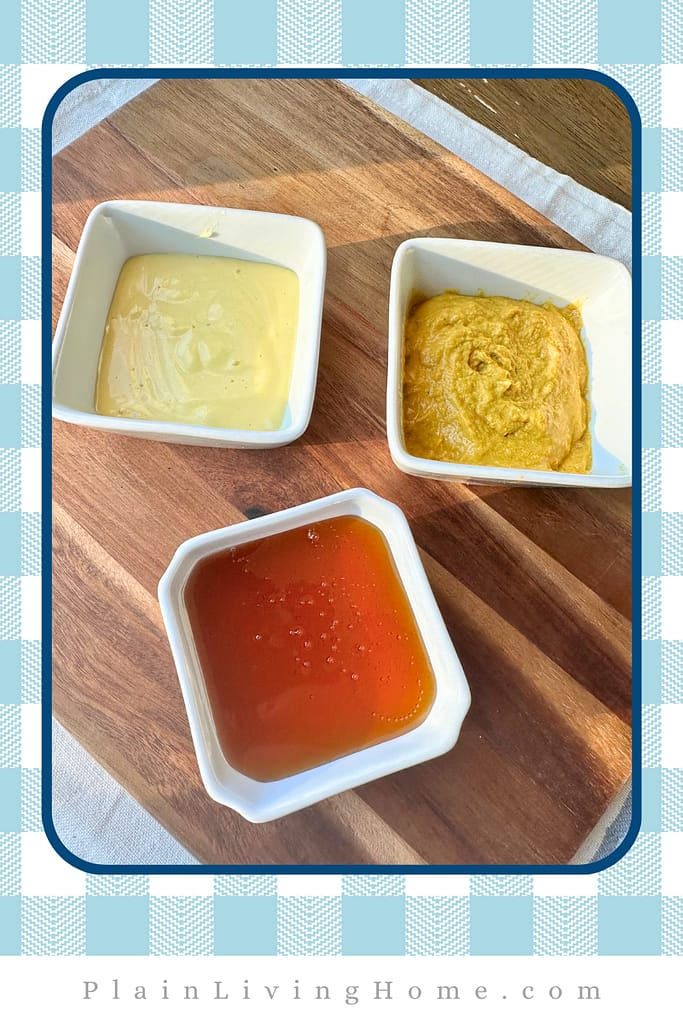 mustard, mayo, and honey to make homemade honey mustard dressing