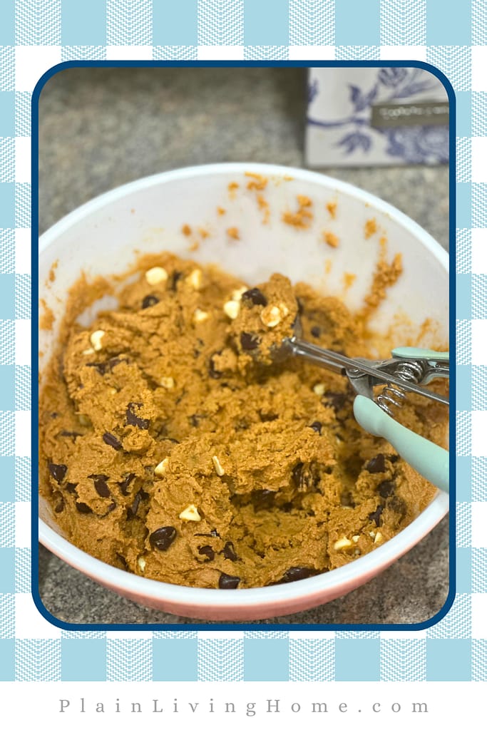 sourdough cookie dough in a bowl, ready to scoop and bake