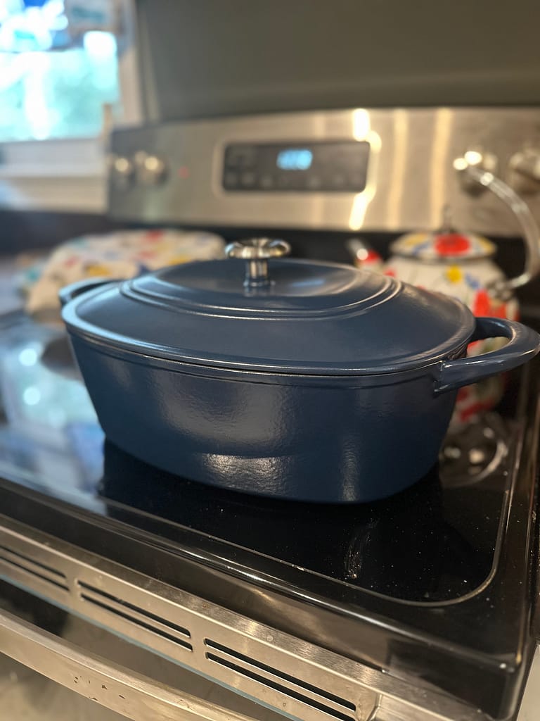 another kitchen favorite- this product is a heavy duty blue enamel cast iron dutch oven