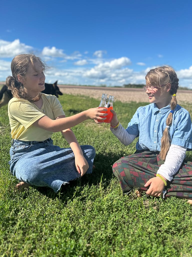 two girls doing a cheers with their lemonade bottles, sitting in the grass with a beautiful blue sky in teh background
