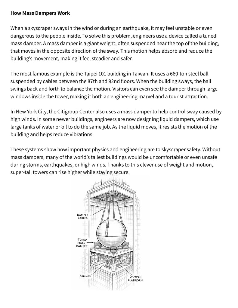 a sample page from the homeschool unit study explaining how mass dampers work inside skyscrapers to keep them balanced
