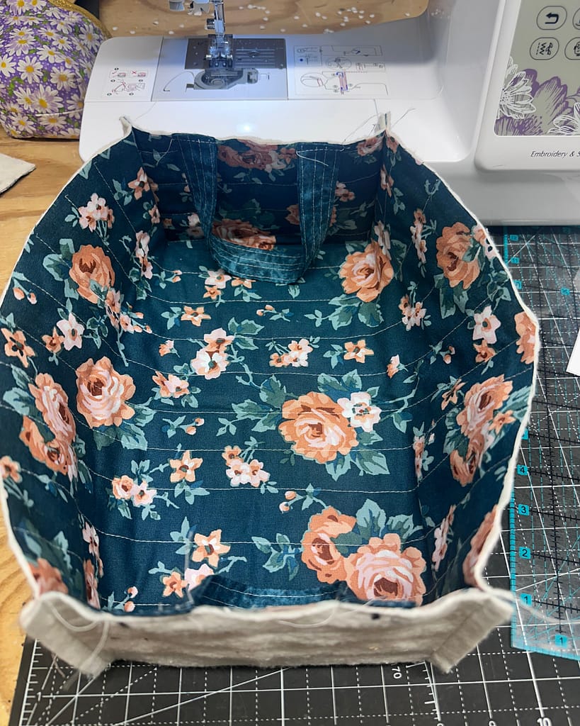 after you sew the boxed corners, the basket starts to take shape