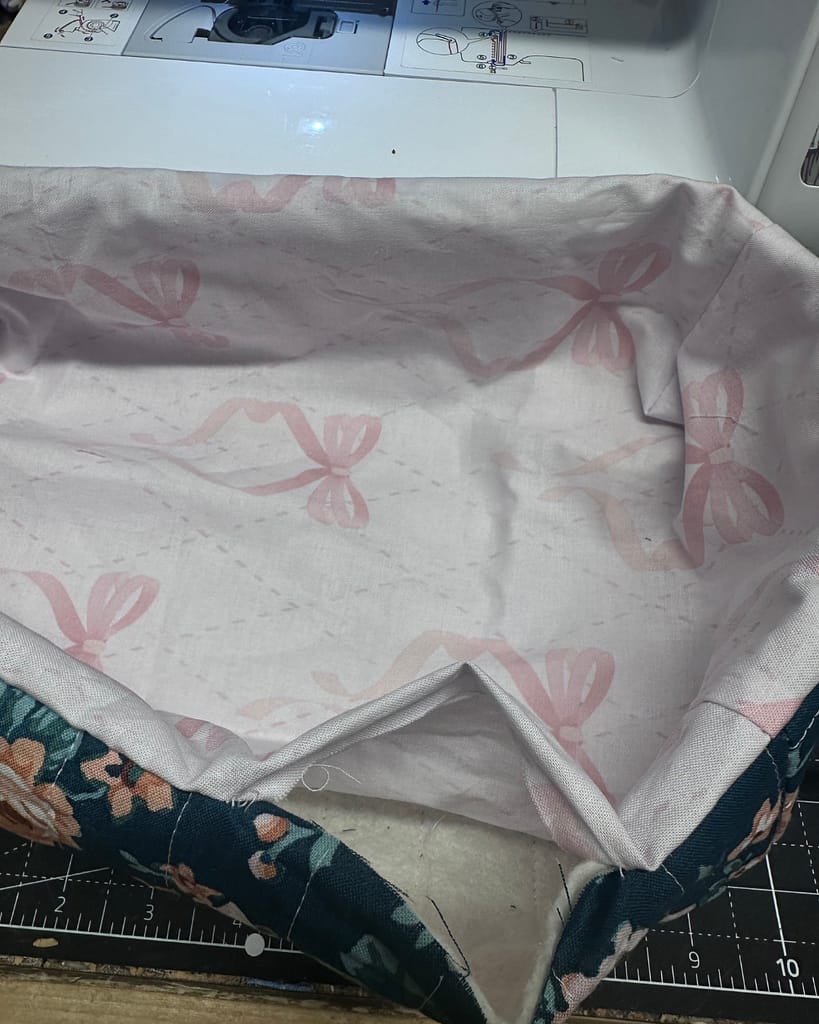 final step to create a quilted basket with handles