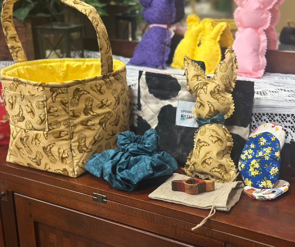 stuffed bunnies and peeps used as easter decor to dimply easter baskets